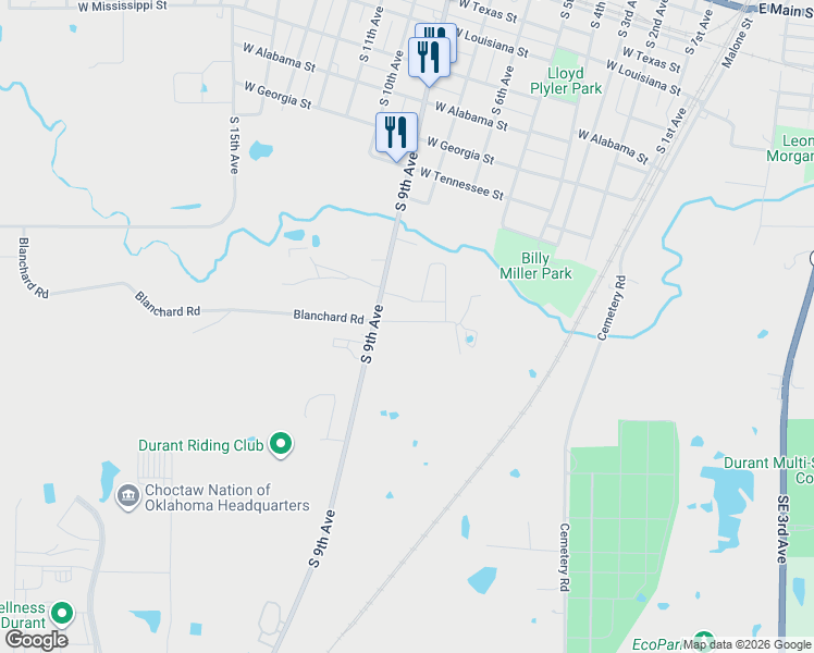 map of restaurants, bars, coffee shops, grocery stores, and more near 1228 South 9th Avenue in Durant