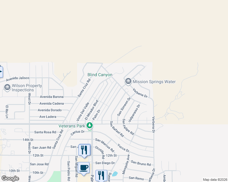 map of restaurants, bars, coffee shops, grocery stores, and more near 9526 Palm Drive in Desert Hot Springs