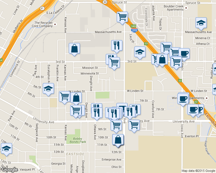 map of restaurants, bars, coffee shops, grocery stores, and more near 3486 Anderson Avenue in Riverside