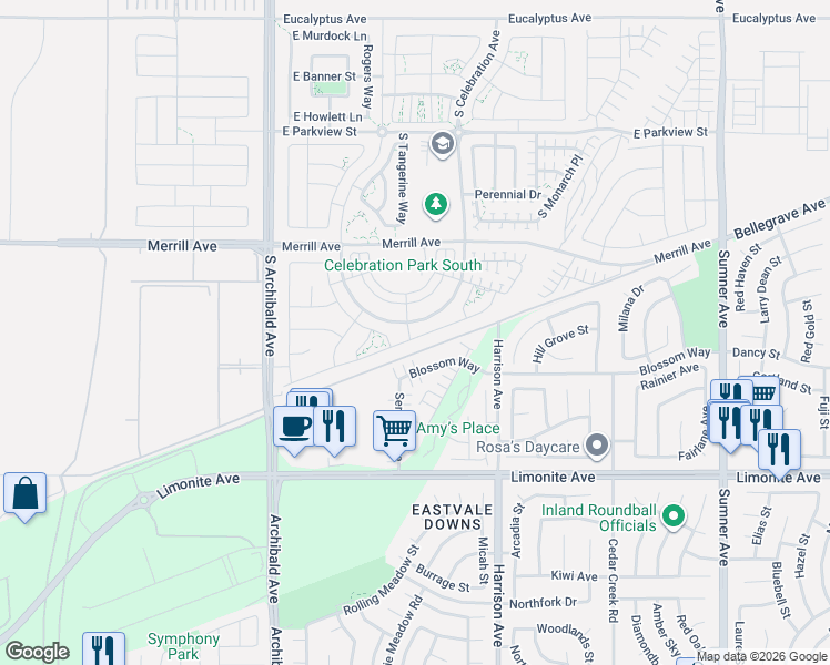 map of restaurants, bars, coffee shops, grocery stores, and more near 2926 East Arbor Lane in Ontario