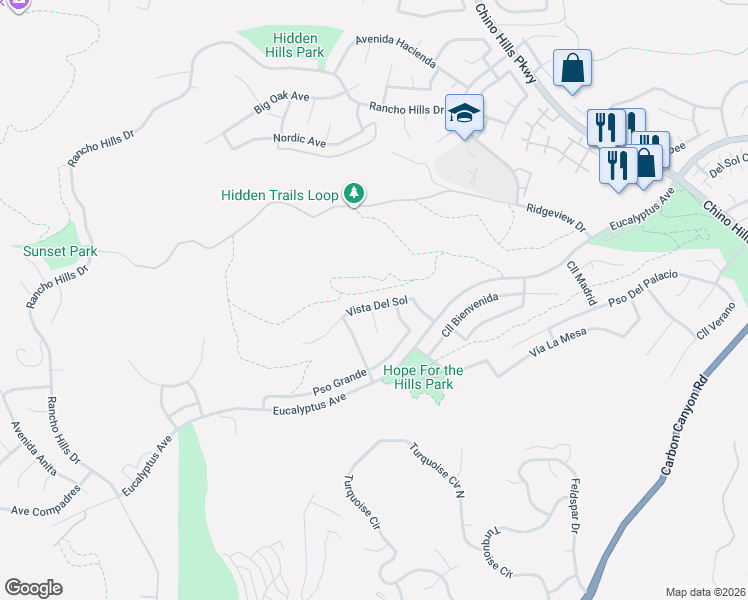 map of restaurants, bars, coffee shops, grocery stores, and more near 2061 Vista Del Sol in Chino Hills