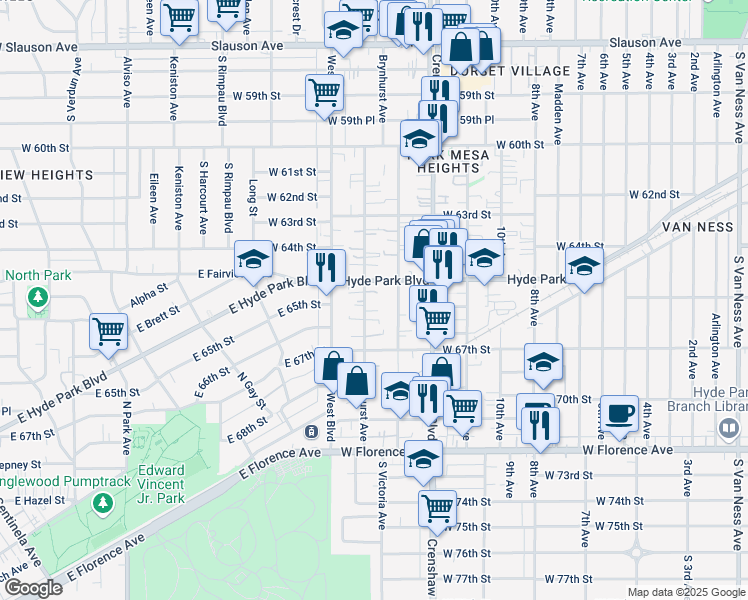 map of restaurants, bars, coffee shops, grocery stores, and more near 6532 Brynhurst Avenue in Los Angeles