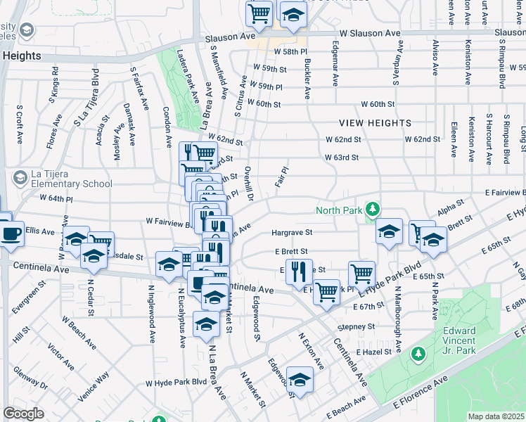 map of restaurants, bars, coffee shops, grocery stores, and more near 326 East Ellis Avenue in Inglewood