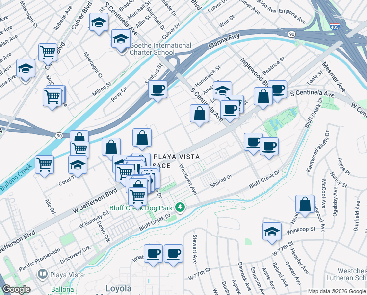map of restaurants, bars, coffee shops, grocery stores, and more near 12555 West Jefferson Boulevard in Los Angeles
