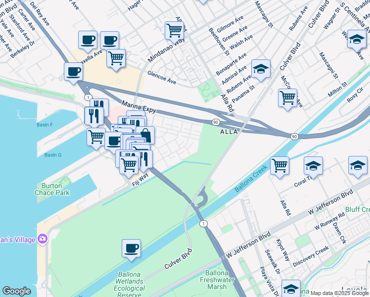 map of restaurants, bars, coffee shops, grocery stores, and more near 13228 Fiji Way in Marina del Rey
