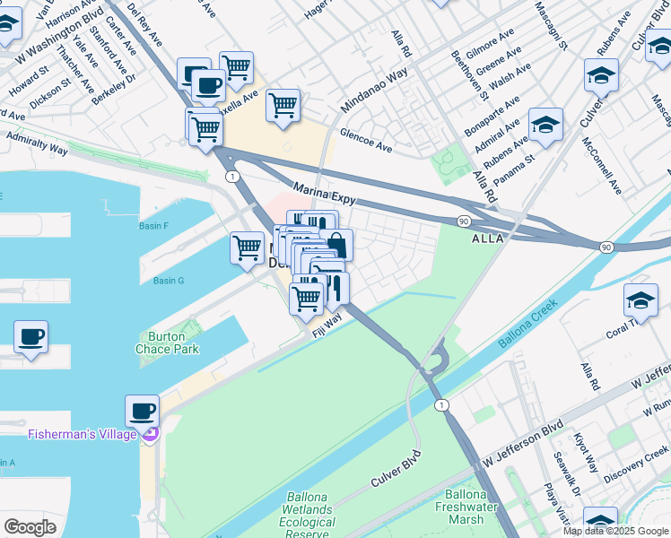 map of restaurants, bars, coffee shops, grocery stores, and more near 4750 California 1 in Marina del Rey
