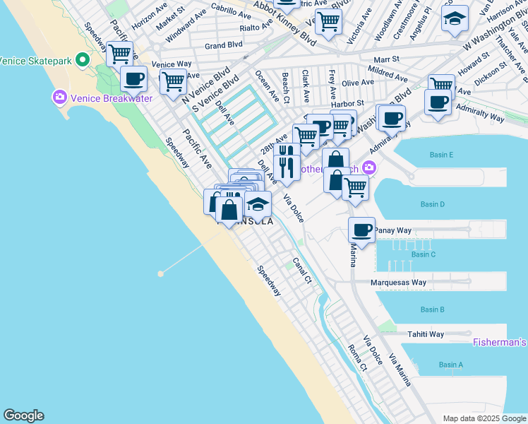 map of restaurants, bars, coffee shops, grocery stores, and more near 3115 Strongs Drive in Marina del Rey