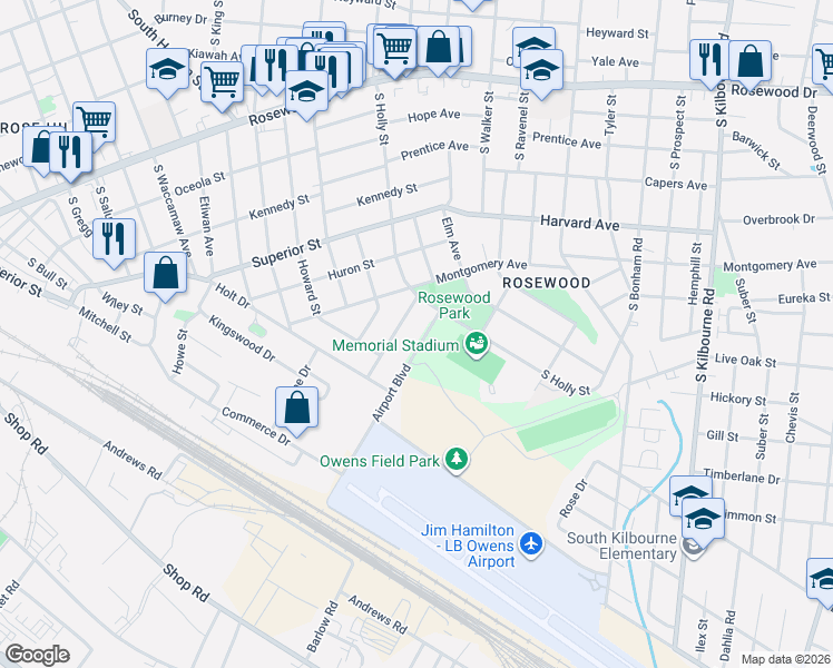 map of restaurants, bars, coffee shops, grocery stores, and more near 935 Airport Boulevard in Columbia