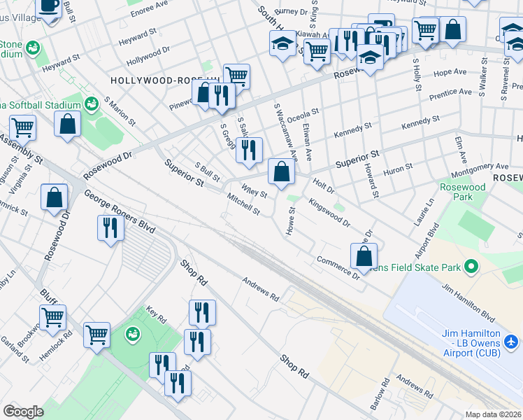 map of restaurants, bars, coffee shops, grocery stores, and more near 1908 Mitchell Street in Columbia