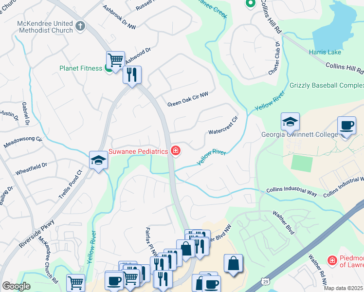 map of restaurants, bars, coffee shops, grocery stores, and more near 1165 Lawrenceville-Suwanee Road in Lawrenceville