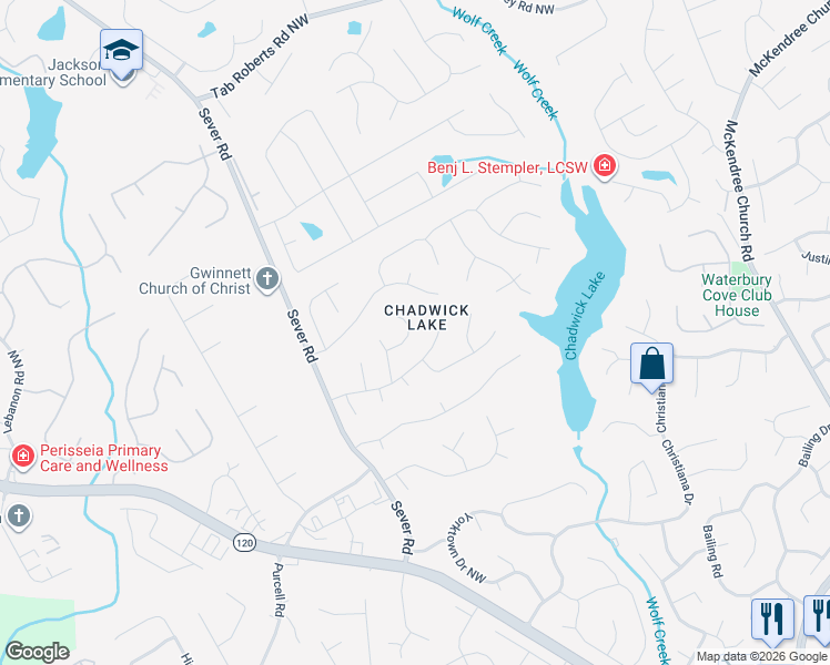 map of restaurants, bars, coffee shops, grocery stores, and more near 1261 Chadwick Point Drive Northwest in Lawrenceville