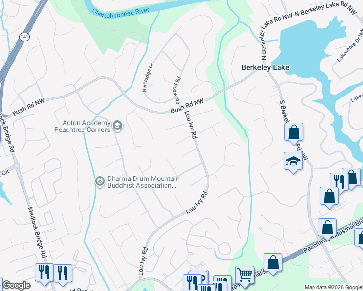 map of restaurants, bars, coffee shops, grocery stores, and more near 4746 Westchester Court in Duluth