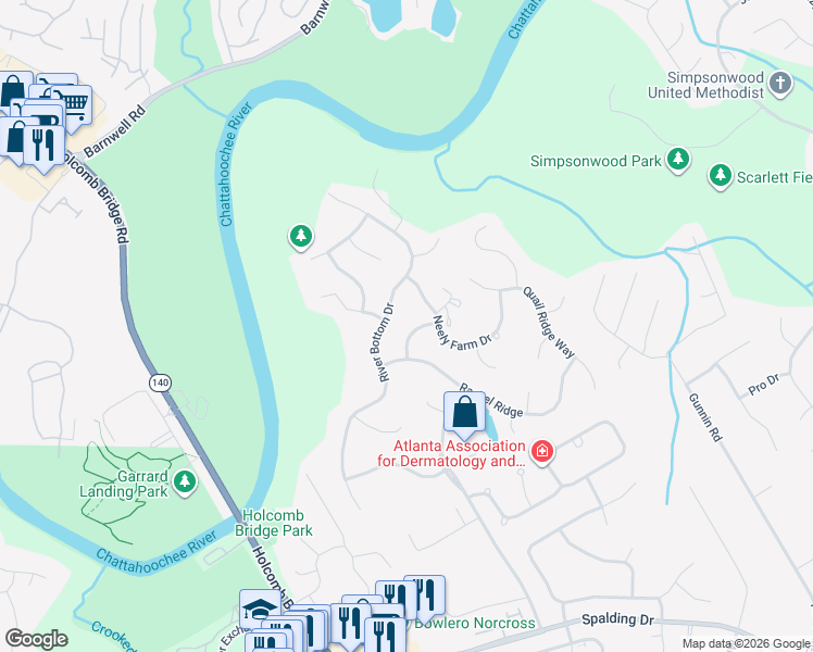 map of restaurants, bars, coffee shops, grocery stores, and more near 4334 Big House Road in Norcross