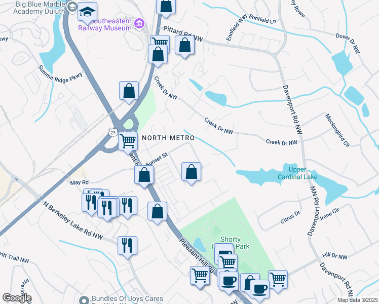 map of restaurants, bars, coffee shops, grocery stores, and more near 2957 Sunset Street in Duluth