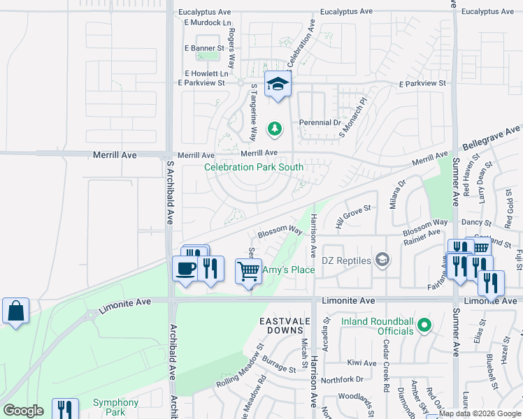 map of restaurants, bars, coffee shops, grocery stores, and more near 2926 East Arbor Lane in Ontario