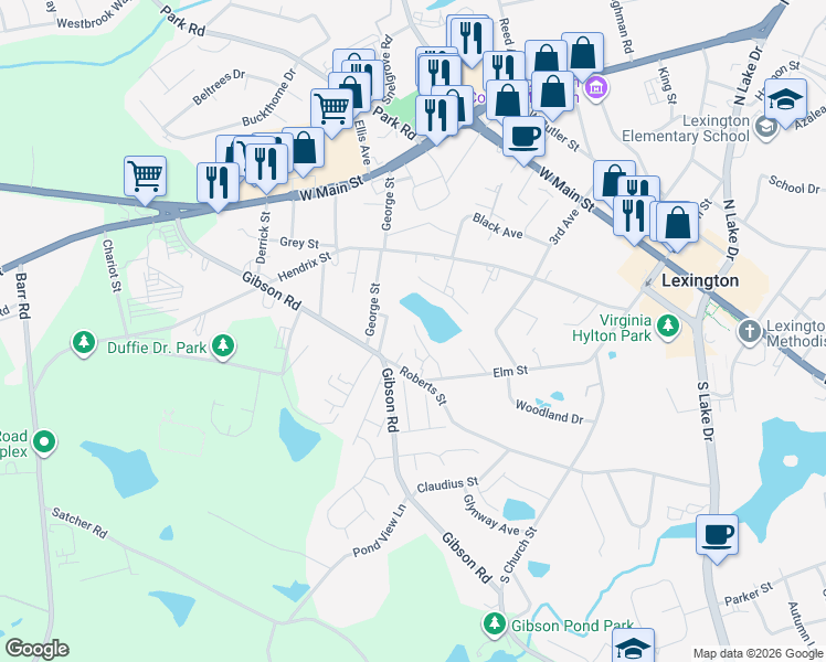 map of restaurants, bars, coffee shops, grocery stores, and more near 123 South Village Road in Lexington