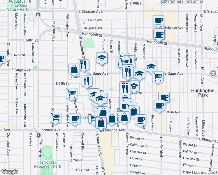 map of restaurants, bars, coffee shops, grocery stores, and more near 6531 Albany Street in Huntington Park