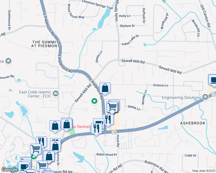 map of restaurants, bars, coffee shops, grocery stores, and more near 2506 Octavia Lane in Marietta