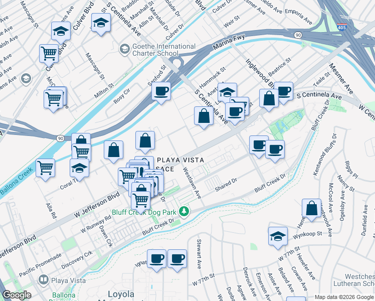 map of restaurants, bars, coffee shops, grocery stores, and more near 12555 West Jefferson Boulevard in Los Angeles