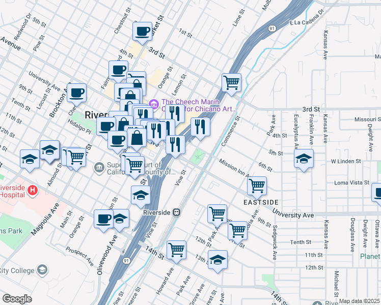 map of restaurants, bars, coffee shops, grocery stores, and more near 3751 Vine Street in Riverside