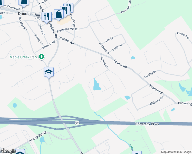 map of restaurants, bars, coffee shops, grocery stores, and more near 2738 Spring Street in Dacula