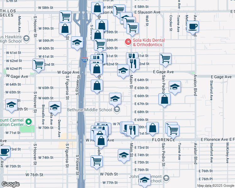 map of restaurants, bars, coffee shops, grocery stores, and more near 155 West 66th Street in Los Angeles