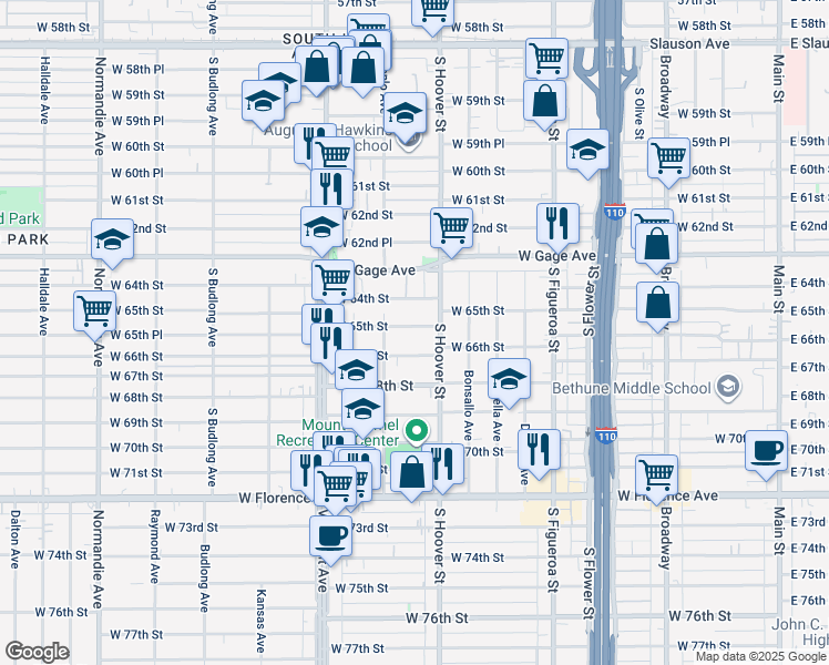 map of restaurants, bars, coffee shops, grocery stores, and more near 822 West 65th Street in Los Angeles