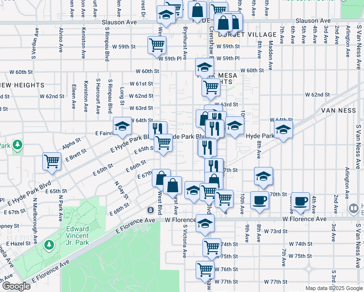 map of restaurants, bars, coffee shops, grocery stores, and more near 6520 Brynhurst Avenue in Los Angeles