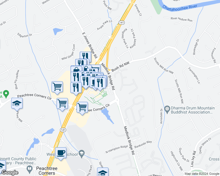 map of restaurants, bars, coffee shops, grocery stores, and more near 3795 Medlock Bridge Road in Norcross