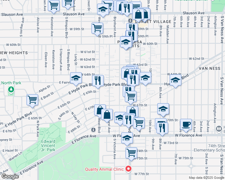 map of restaurants, bars, coffee shops, grocery stores, and more near 6520 Brynhurst Avenue in Los Angeles