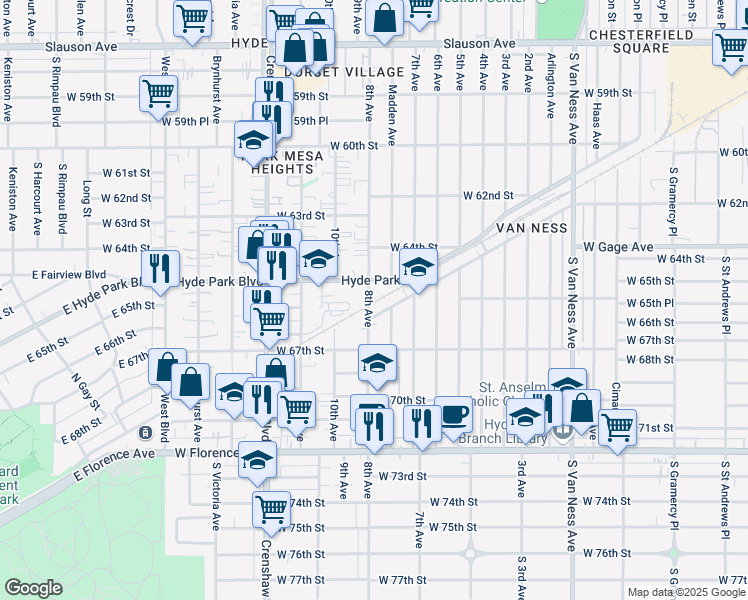 map of restaurants, bars, coffee shops, grocery stores, and more near 3015 Southwest Drive in Los Angeles