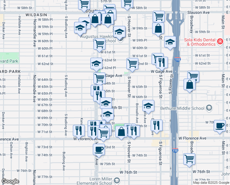 map of restaurants, bars, coffee shops, grocery stores, and more near 6502 Menlo Avenue in Los Angeles