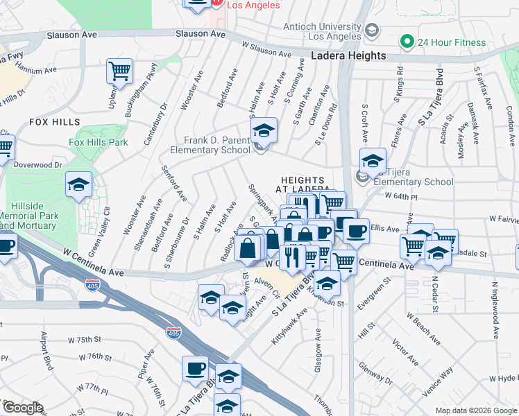 map of restaurants, bars, coffee shops, grocery stores, and more near 6601 Springpark Avenue in Los Angeles