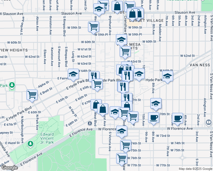 map of restaurants, bars, coffee shops, grocery stores, and more near 6522 Brynhurst Avenue in Los Angeles