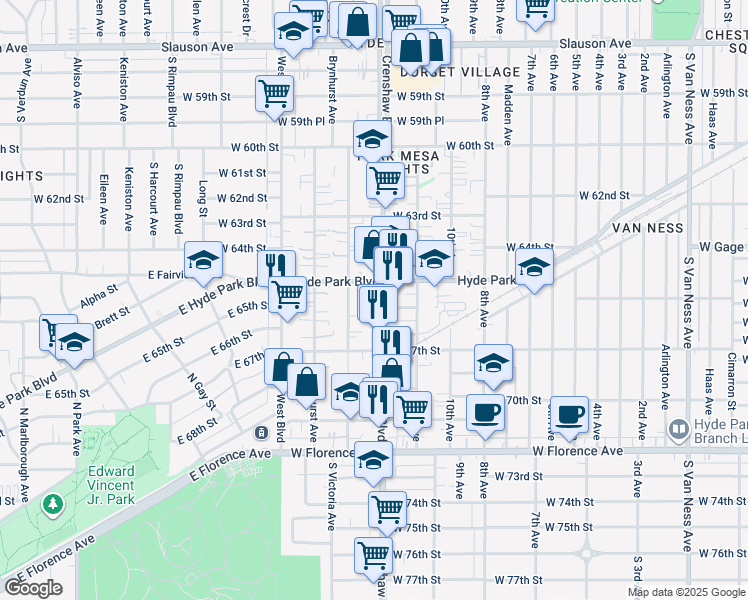 map of restaurants, bars, coffee shops, grocery stores, and more near 6536 South Victoria Avenue in Los Angeles
