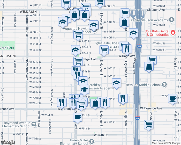 map of restaurants, bars, coffee shops, grocery stores, and more near 6502 Menlo Avenue in Los Angeles