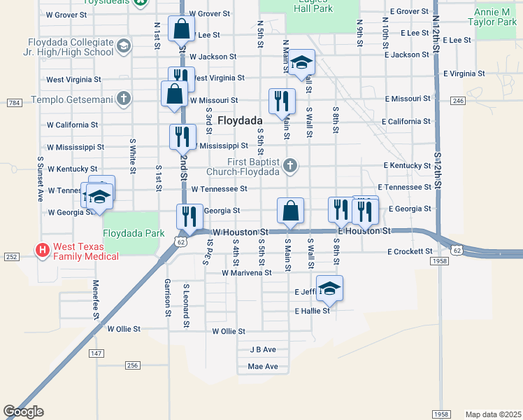 map of restaurants, bars, coffee shops, grocery stores, and more near 199 West Georgia Street in Floydada