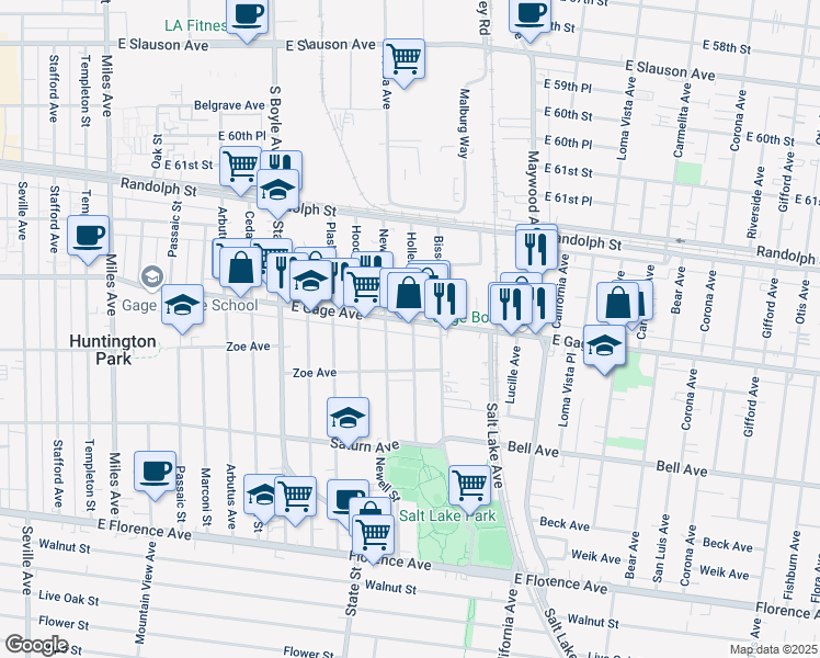 map of restaurants, bars, coffee shops, grocery stores, and more near 6501 Hollenbeck Street in Huntington Park