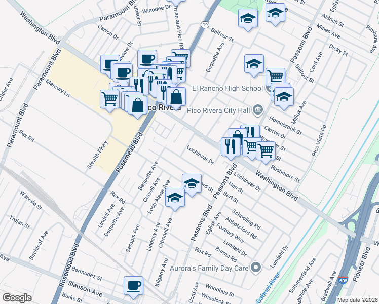 map of restaurants, bars, coffee shops, grocery stores, and more near 9210 Lochinvar Drive in Pico Rivera