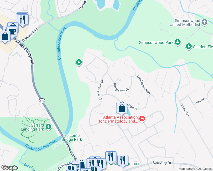 map of restaurants, bars, coffee shops, grocery stores, and more near 4334 Big House Rd in Norcross