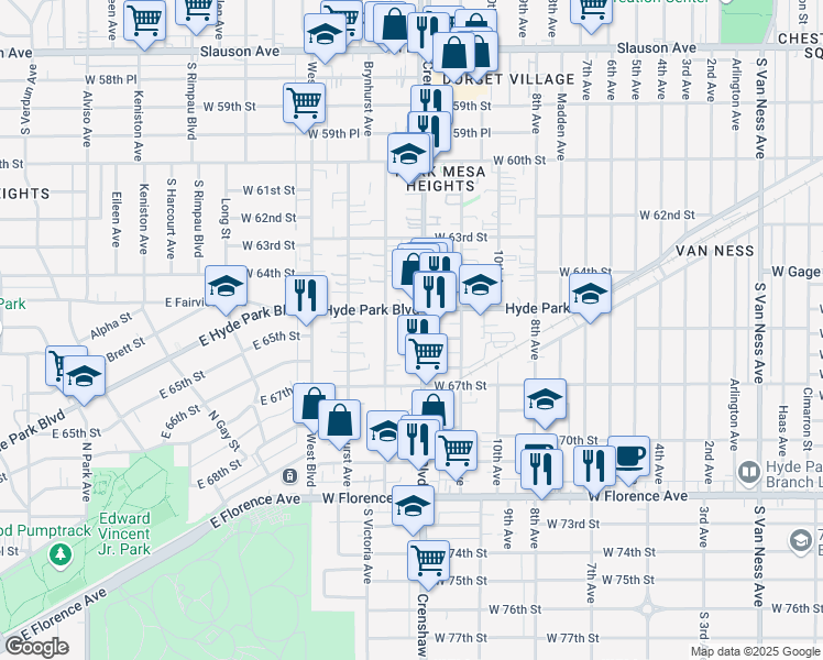map of restaurants, bars, coffee shops, grocery stores, and more near 6519 Crenshaw Boulevard in Los Angeles