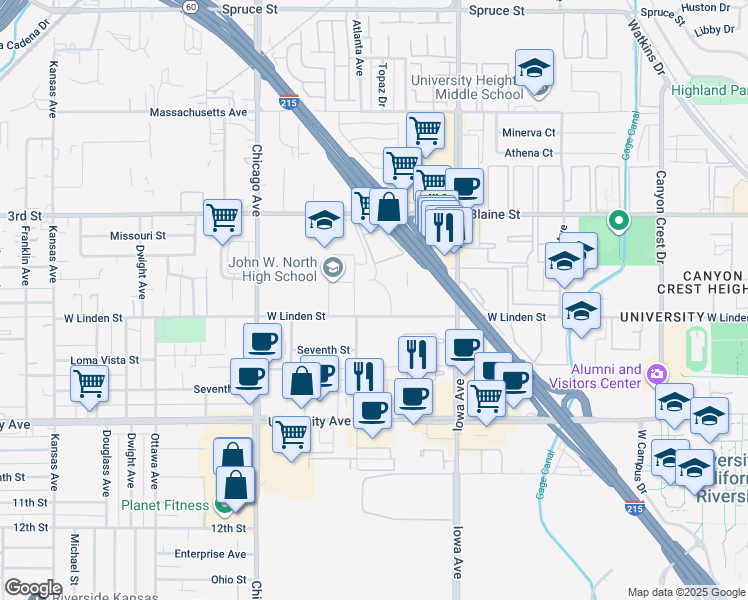 map of restaurants, bars, coffee shops, grocery stores, and more near 1473 West Linden Street in Riverside