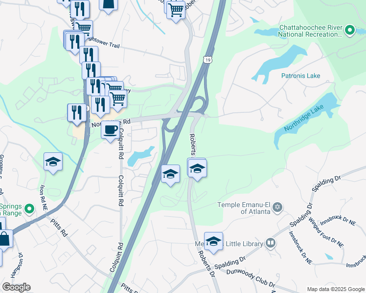 map of restaurants, bars, coffee shops, grocery stores, and more near 8200 Roberts Drive in Atlanta