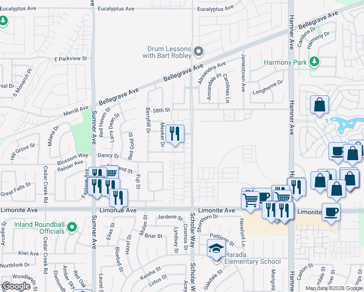 map of restaurants, bars, coffee shops, grocery stores, and more near 5983 Ginger Drive in Corona