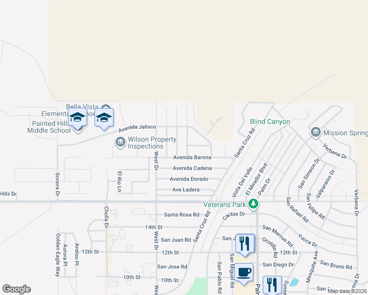 map of restaurants, bars, coffee shops, grocery stores, and more near 9463 Calle Del Diablo in Desert Hot Springs