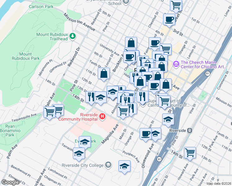 map of restaurants, bars, coffee shops, grocery stores, and more near 4177 Almond Street in Riverside