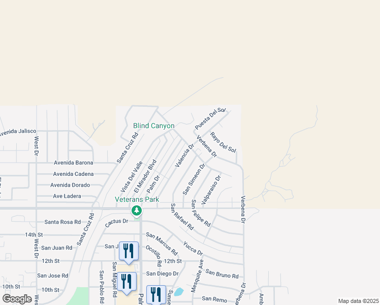 map of restaurants, bars, coffee shops, grocery stores, and more near 9464 Valencia Drive in Desert Hot Springs