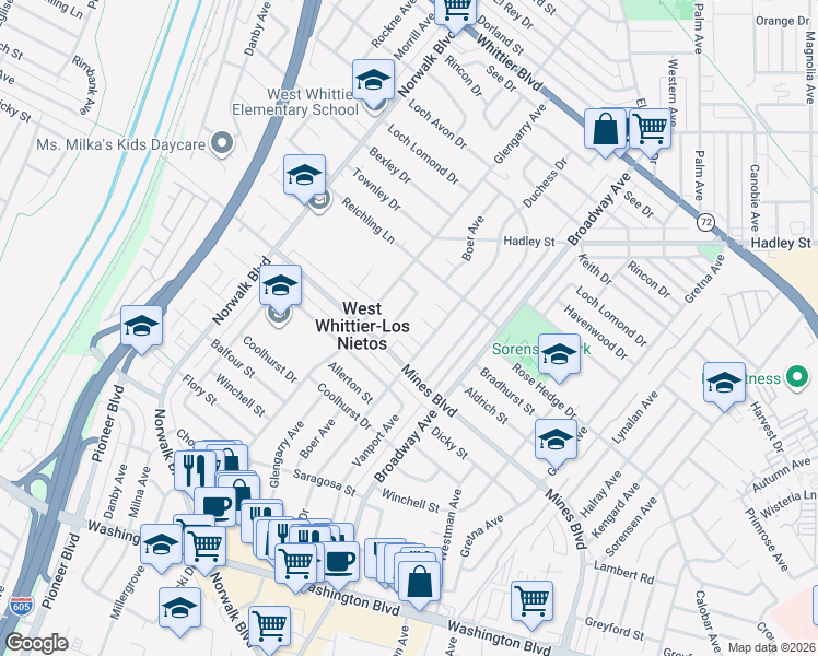 map of restaurants, bars, coffee shops, grocery stores, and more near 7102 Boer Avenue in Whittier