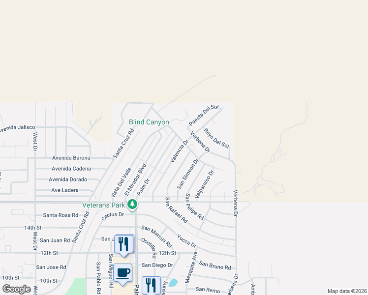 map of restaurants, bars, coffee shops, grocery stores, and more near 9464 Valencia Drive in Desert Hot Springs