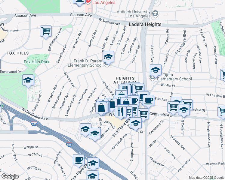 map of restaurants, bars, coffee shops, grocery stores, and more near 6625 South Springpark Avenue in Los Angeles